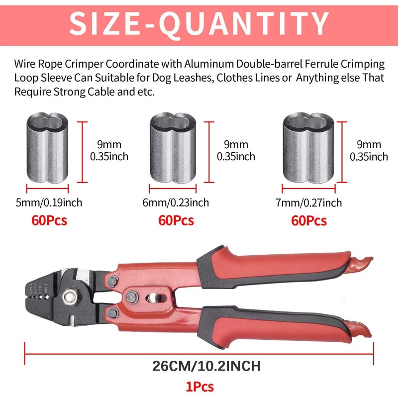 SETROVIC 1/16 Inch Wire Rope Crimping Tool Up To 2.2mm Fishing Crimper Tool with 180Pcs 3 Size Aluminum Double Barrel Ferrule Crimping Loop Sleeve Kit - Image 4